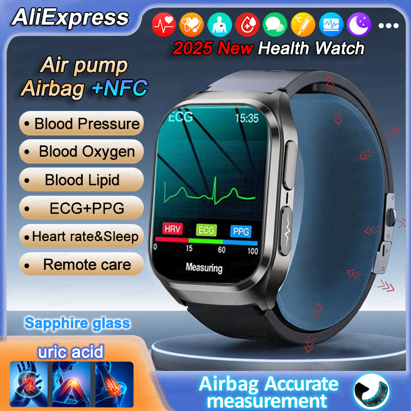 2025 New Air Pump Blood Pressure Accurate Measure Smart Watches Men Micro Physical Examination Fitness Sports Airbag SmartWatch