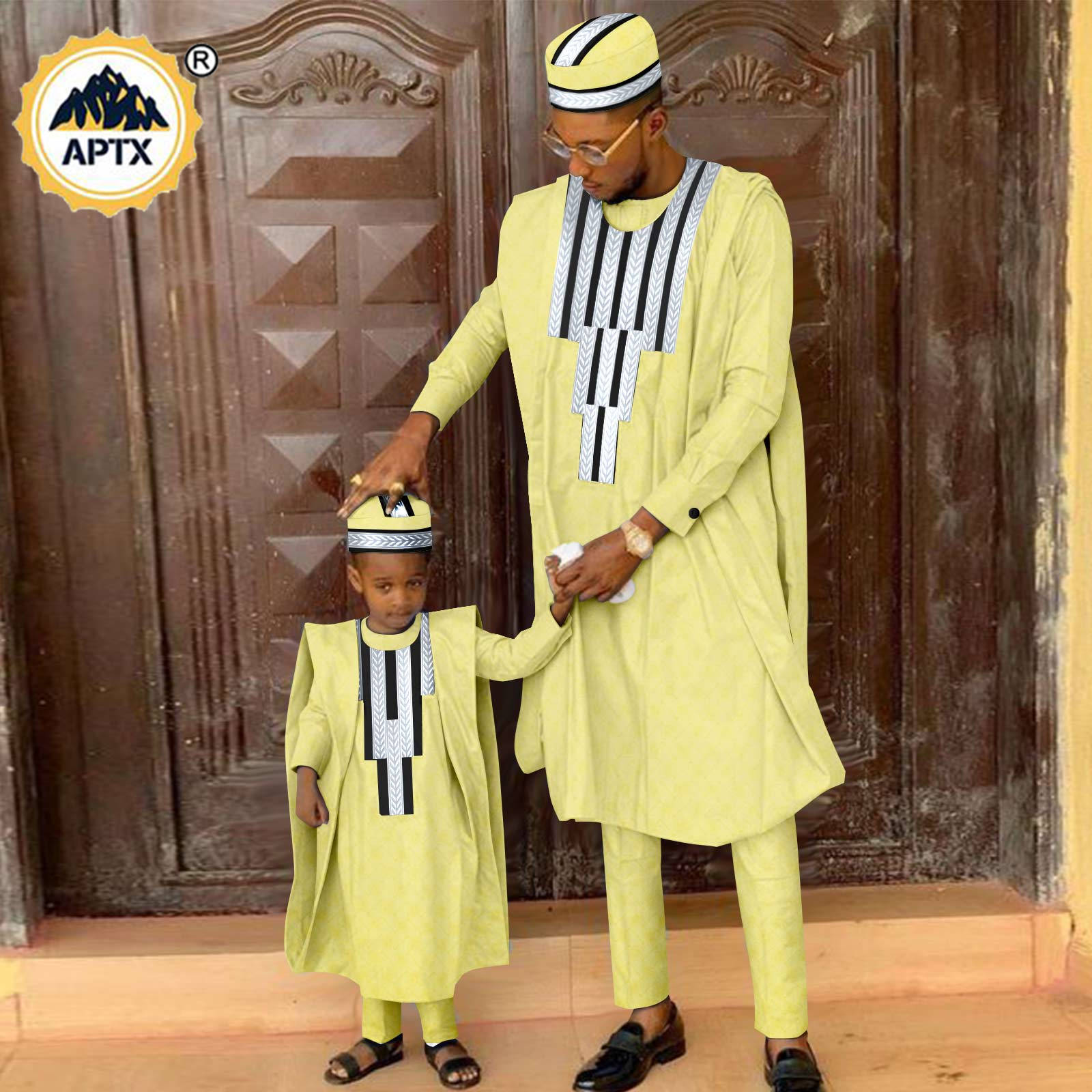 African Matching Outfit for Family Bazin Riche Muslim Sets Dashiki Father and Son Attire Agbada Robe Shirt and Pants Hat Y23F001