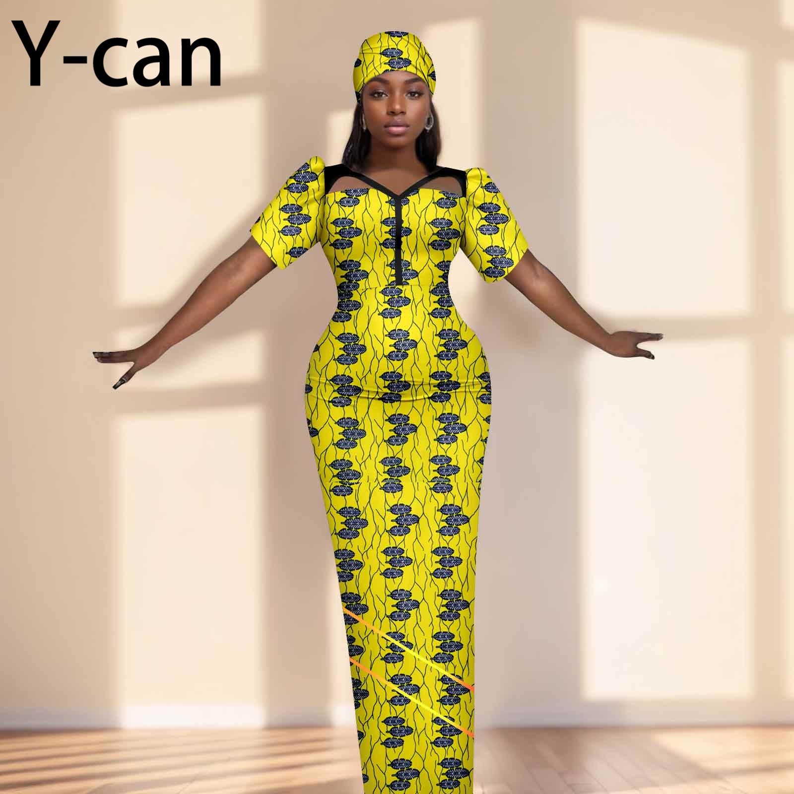 Party Gown African Dresses for Women Slim Fit Short Sleeve Dress Evening Vestidos with Headwrap Dashiki Ankara Print 2525071