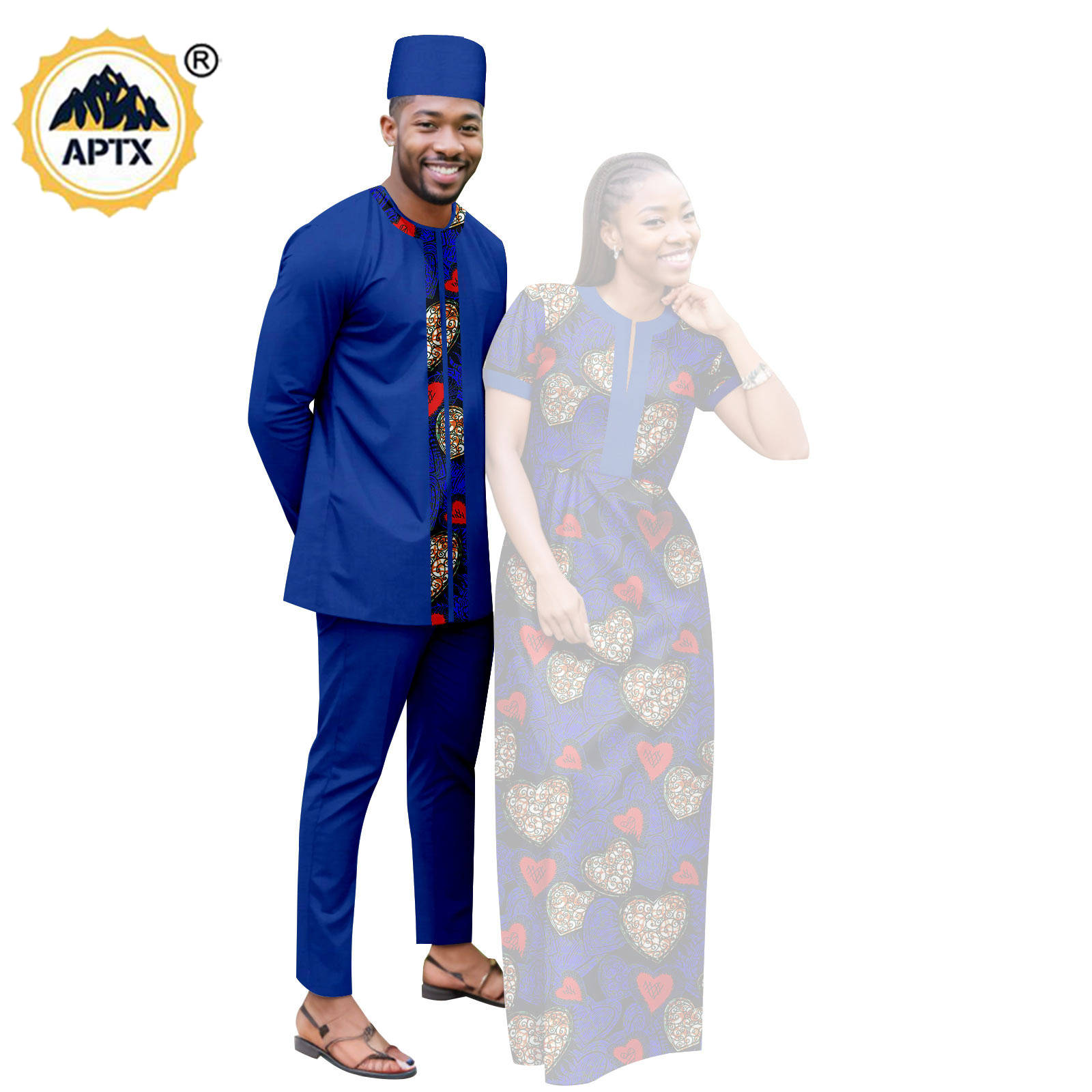 Dashiki African Clothes Print Long Dresses for Women Matching Couple Outfits Bazin Riche Men Hat Top Tee and Pant Sets Y23C119