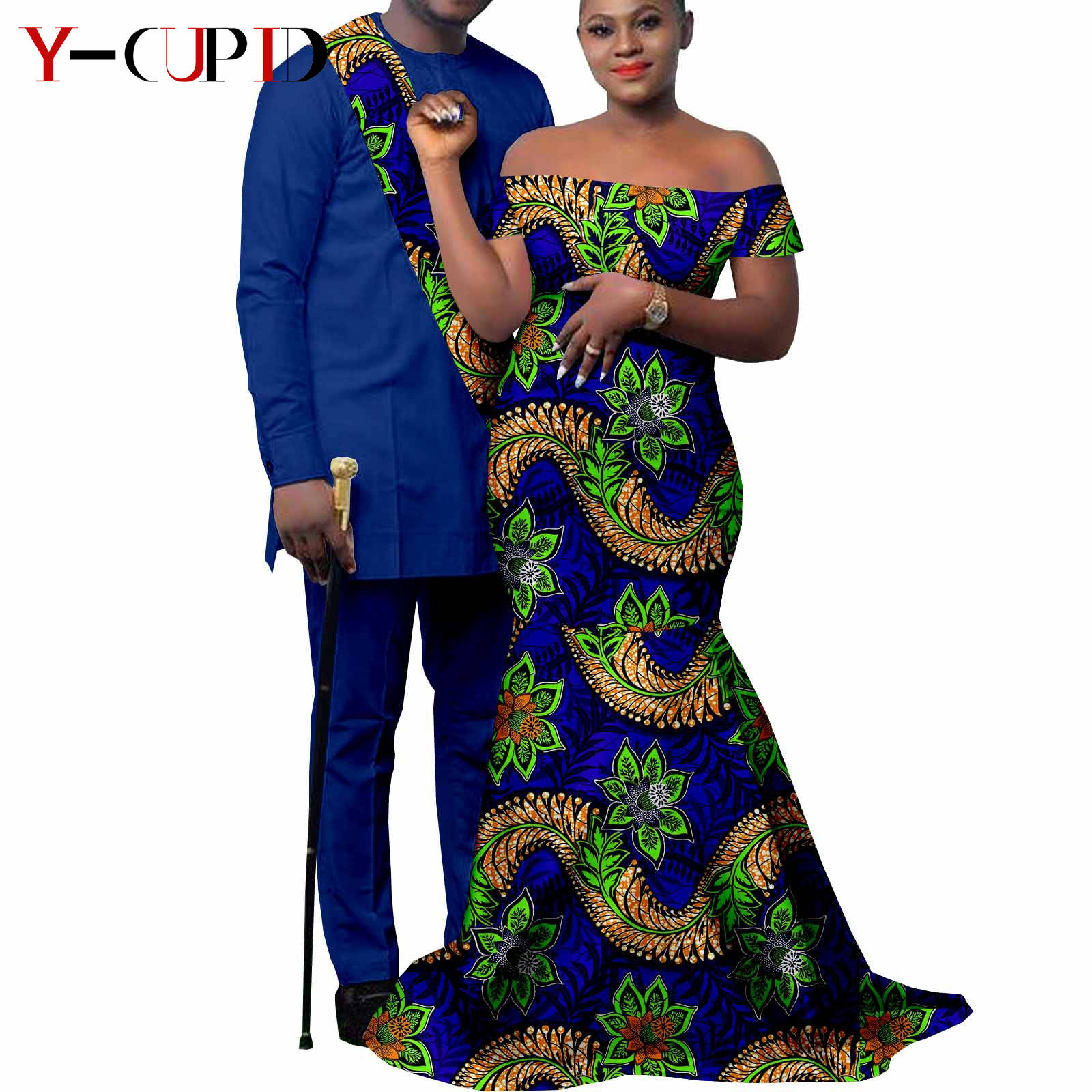 African Clothes for Couples Bazin African Print Long Dresses for Women Match Men Outfits Dashiki Top and Pants Sets Y22C023