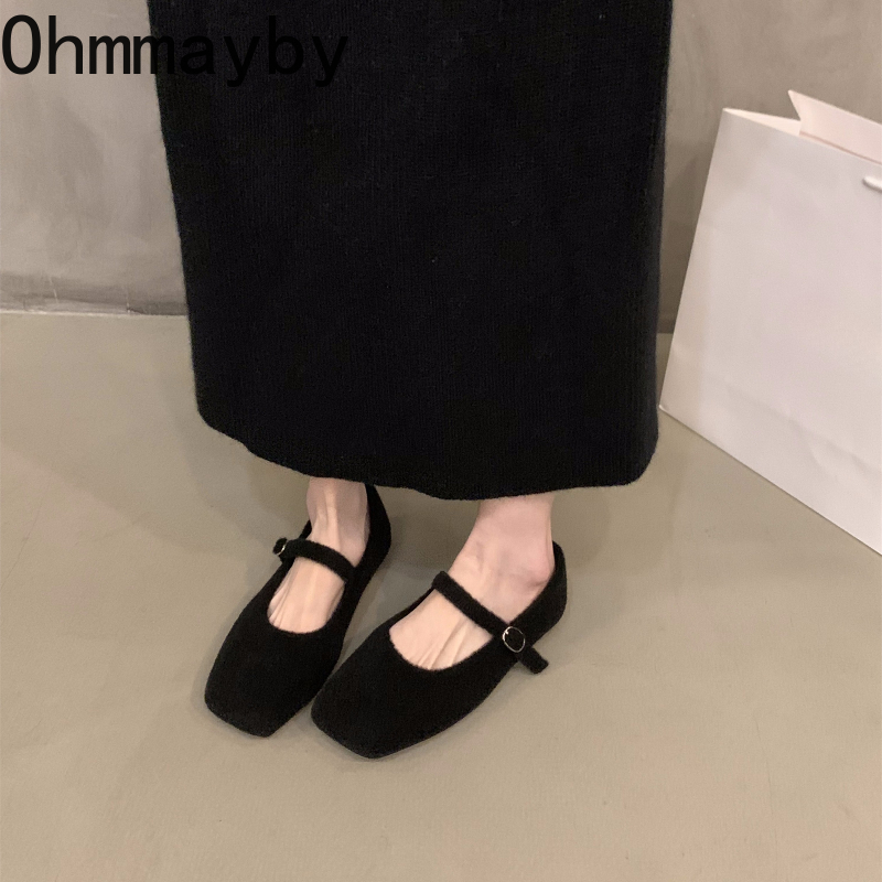 Autumn Woolen Fur Women Cotton Flats Shoes Concise Outdoor Soft Sole Shoes Ladies Comfort Square Toe Warm Mary Jane Shoes