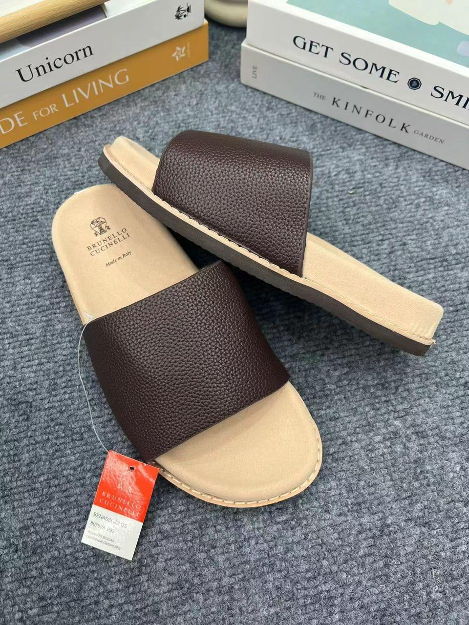 Brunello Cucinelli Olive Green Leather Slide Sandals