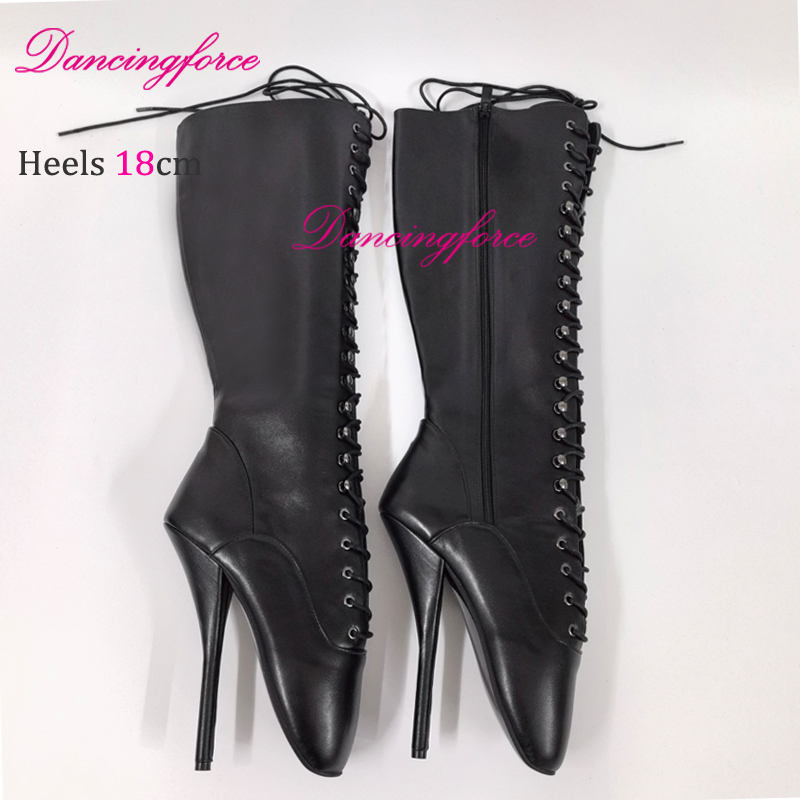 Dancingforce Stiletto Black Patent 18cm Sexy Fetish Ballet Shoes Extreme High Heel Women Knee High Ballet Boots Lace Up