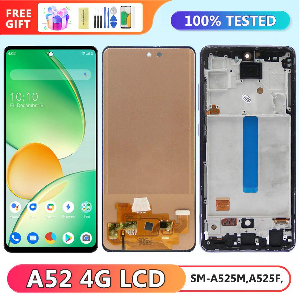 6.5'' A52 4G Display Replacement, for Samsung Galaxy A52 A525 A525F A525M Lcd Display Touch Screen Digitizer Assembly with Frame
