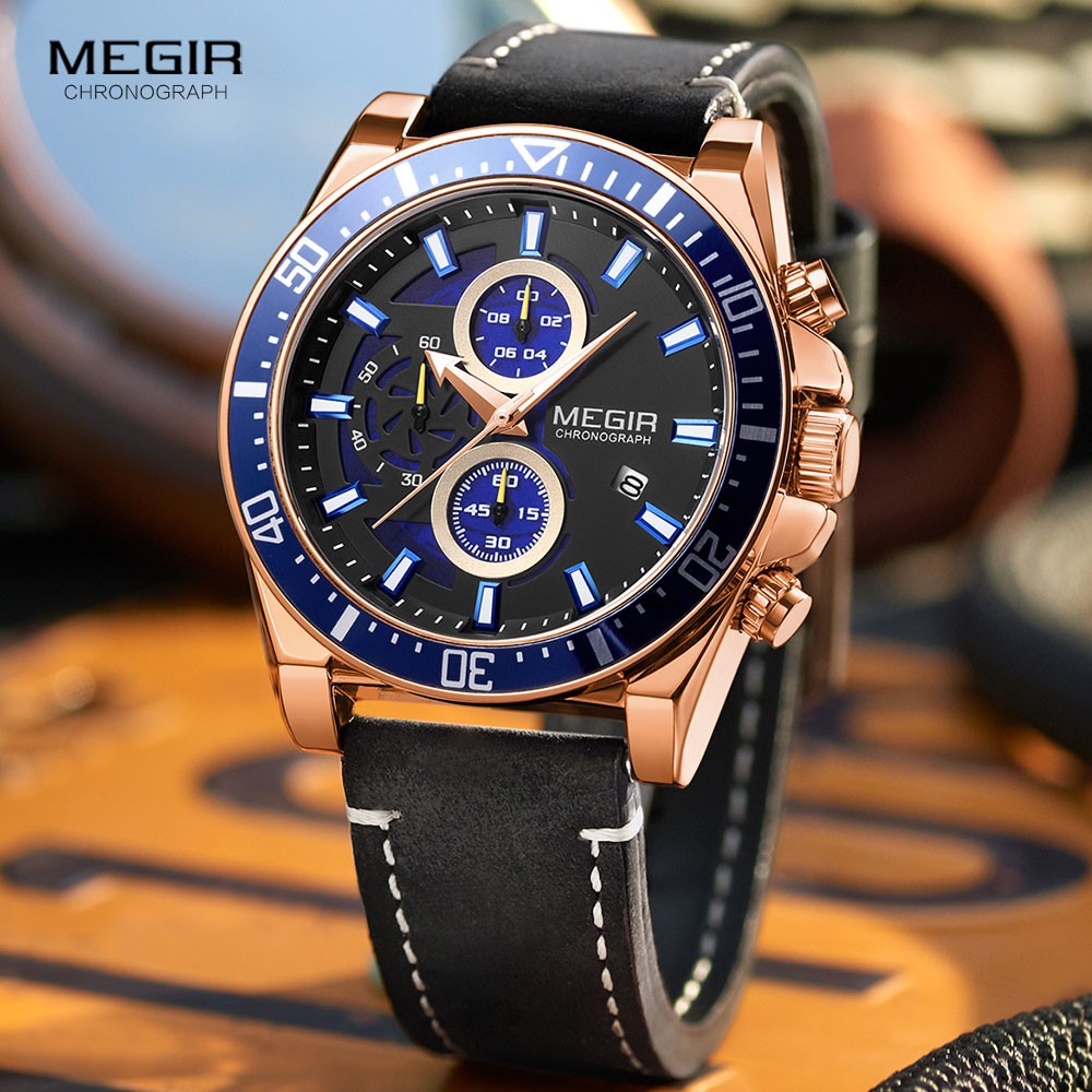 MEGIR 2020 Luxury Leather Strap Quartz Watches Men Fashion Casual Sports Chronograph Watch Man Waterproof Luminous Wristwatch