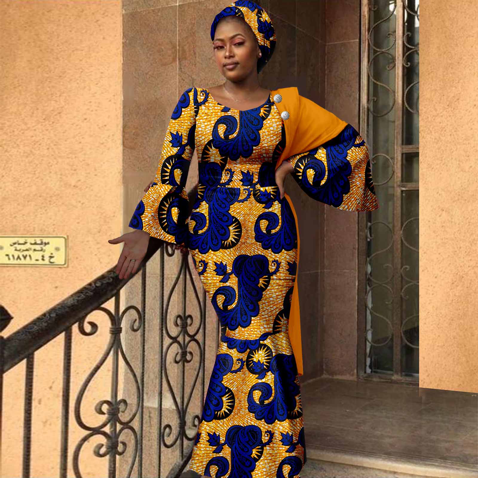 African Women Dresses Dashiki Ankara Print Slim Long Dress with Headwrap Bazin Riche Ladies Outftis Party Vestidos Y2225023
