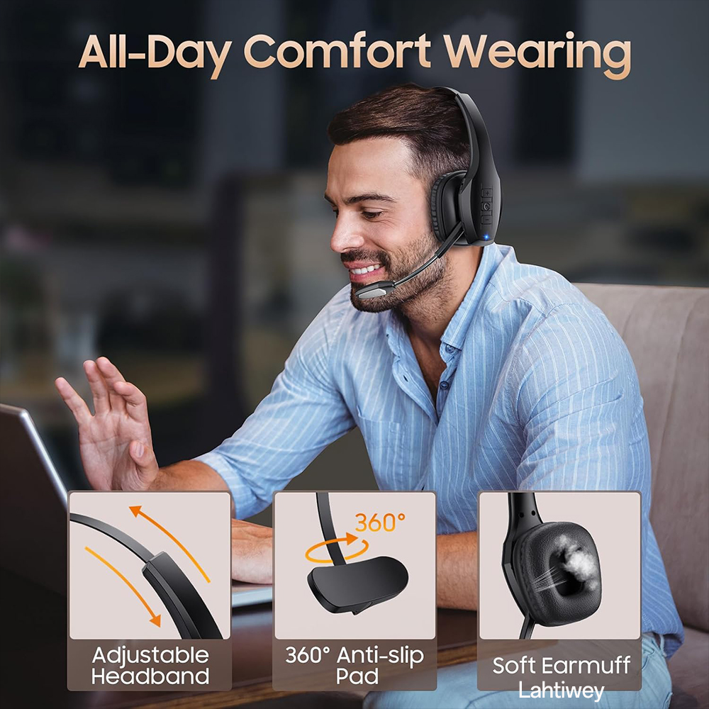 Trucker Bluetooth Headset, Wireless Headset with Mic, Bluetooth Headsets with Dual Noise Cancelling Microphone & Mute Button