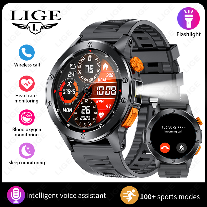 LIGE Fashion Smart Watch Men Voice Assistant Bluetooth Call Heart Rate Monitoring IP68 Waterproof LED Flashlight Men SmartWatch