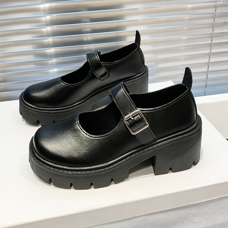 Thick-soled Small Leather Shoes for Women's Spring 2025 New Retro Round Head One-word Buckle Single Shoes