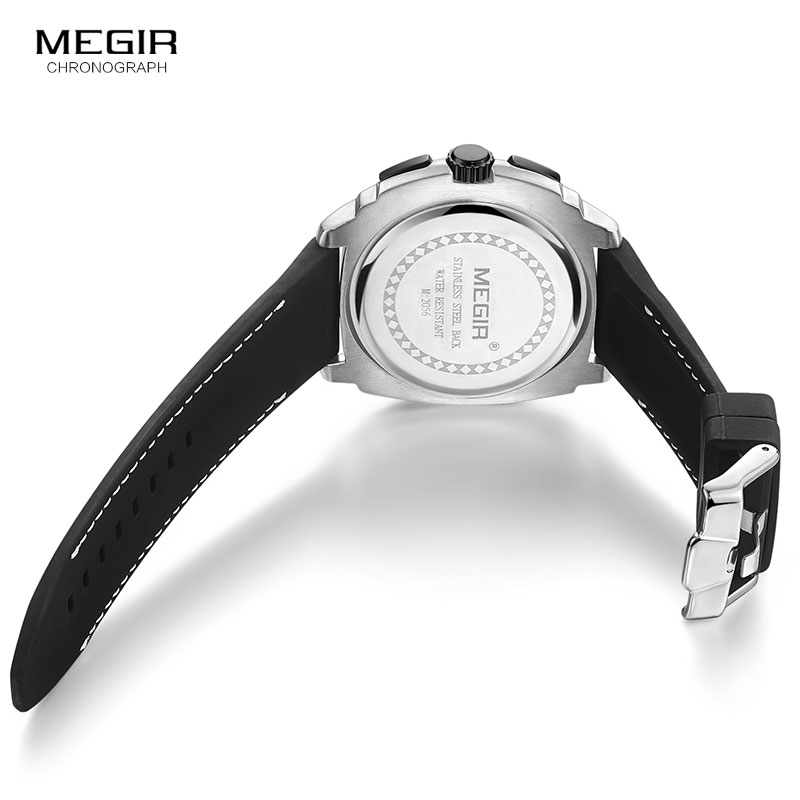 Megir Men's Army Sports Chronograph Quartz Watches Silicone Band 24 Hours Military Waterproof Wristwatch for Man 2056GS-BK-1