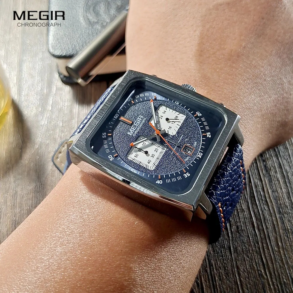 MEGIR 2182 Square Dial Men's Quartz Watch Fashion and Elegant Business Date Chronograph Blue Black Leather Strap Watch reloj