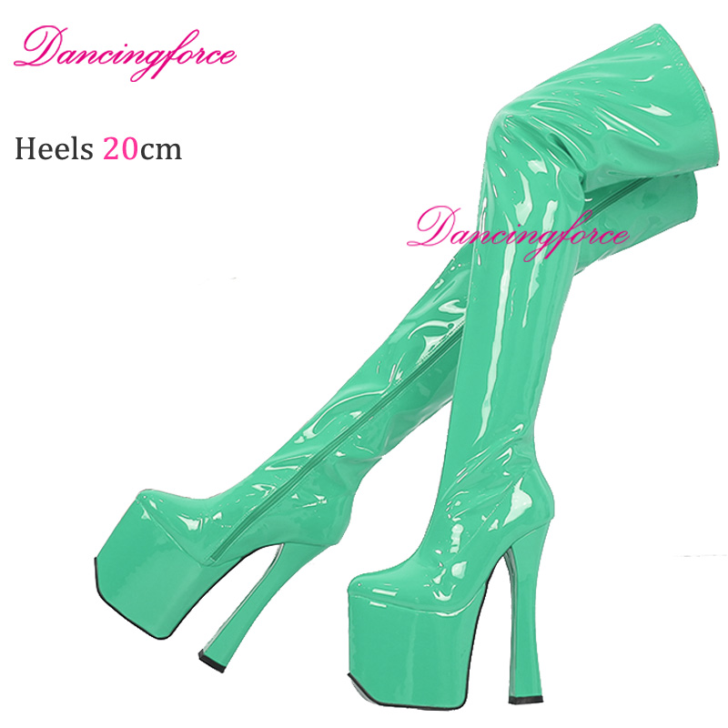 Metal Silver 20cm Block Heels Platform Thigh High Boots Ladies Glossy Nightclub Fetish Over Knee Long Shoes Plus Size