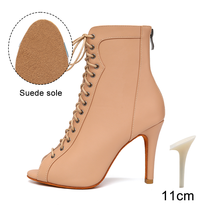 HROYL High Heel Dance Shoes Woman Beige Black Latin Dance Booties Women Open Toe Lace Up Stiletto Boots for Girls Suede Sole