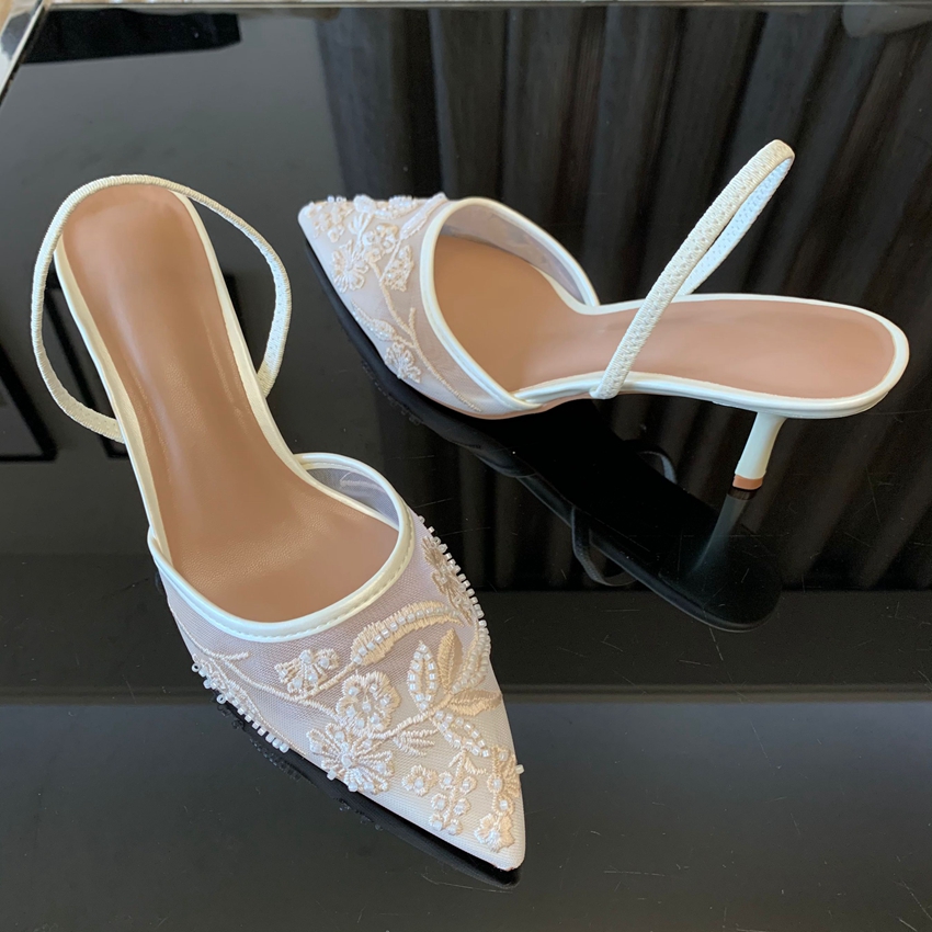 Brand Designer White Women Pumps Mesh Embroidered Flowers Back Strap Sexy Slingback High Heels Dress Wedding Shoes for Ladies