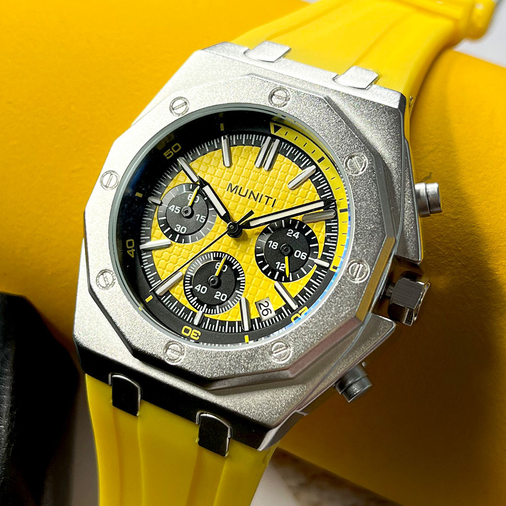 Military Sport Quartz Watch for Men Fashion Chronograph Waterproof Wristwatch with Yellow Silicone Strap Auto Date 24-hour