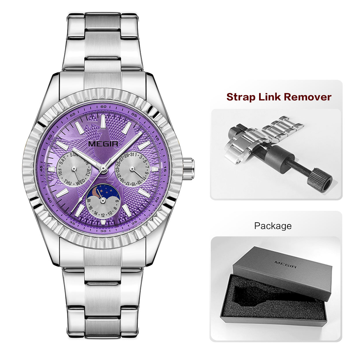 MEGIR Men's Quartz Watch with Stainless Steel Strap Fashion Business Style Wristwatch with Day Date 24-Hour Moon Phase Function