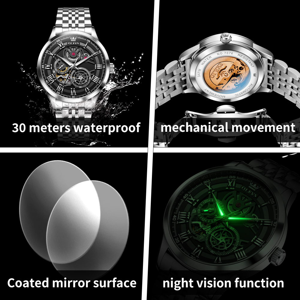 OLEVS Original Skeleton Mechanical Roman Numeral Watch Automatic Luxury Watch Stainless Steel Watches For Men Waterproof 7076