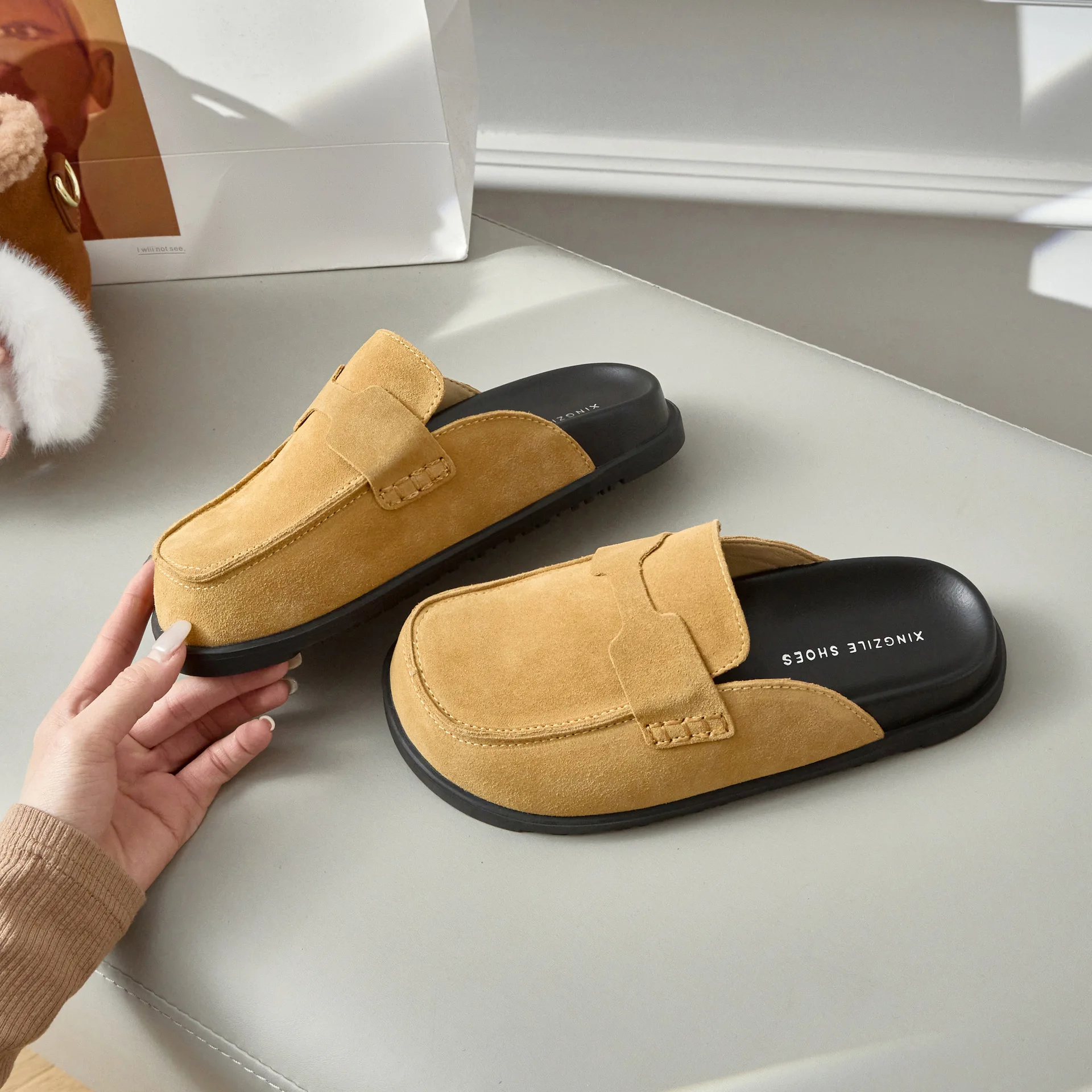 Soft Bottom Genuine Leather Women's Slippers Five Colors Available Bocan Outdoor Wear-Resistant Slip-On Shoes Korean Style