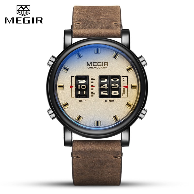 MEGIR Rolling Movement Watches for Men Personality Originality Roller Pointer Leather Fashion Casual Quartz Wristwatch Male