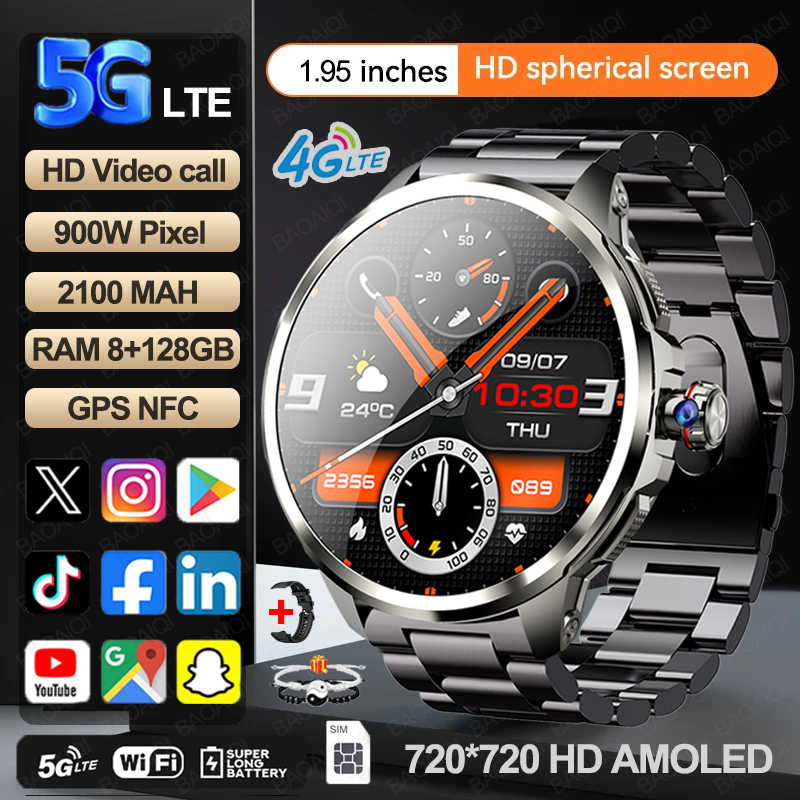 5G/4G All-Network Smart Watch 1.95 inch AMOLED 2100mah Battery 8GB+128GB RAM 900W Camera GPS WIFI Google APP Download Smartwatch