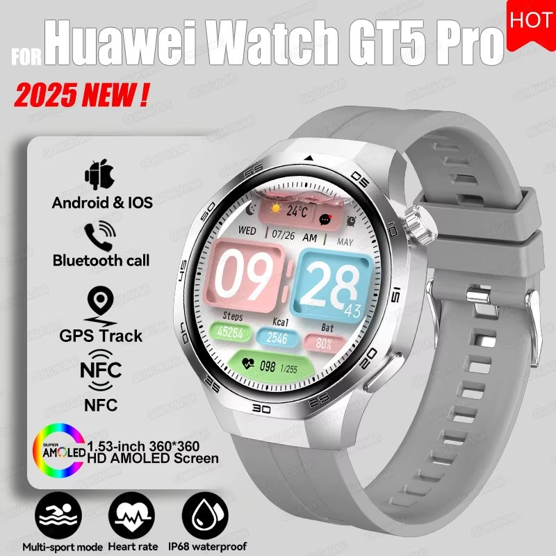 2025 For HUAWEI GT5 Pro GPS Track Smart Watch Men 360*360 AMOLED Screen NFC BT Call Waterproof Health Monitor Man Smartwatches