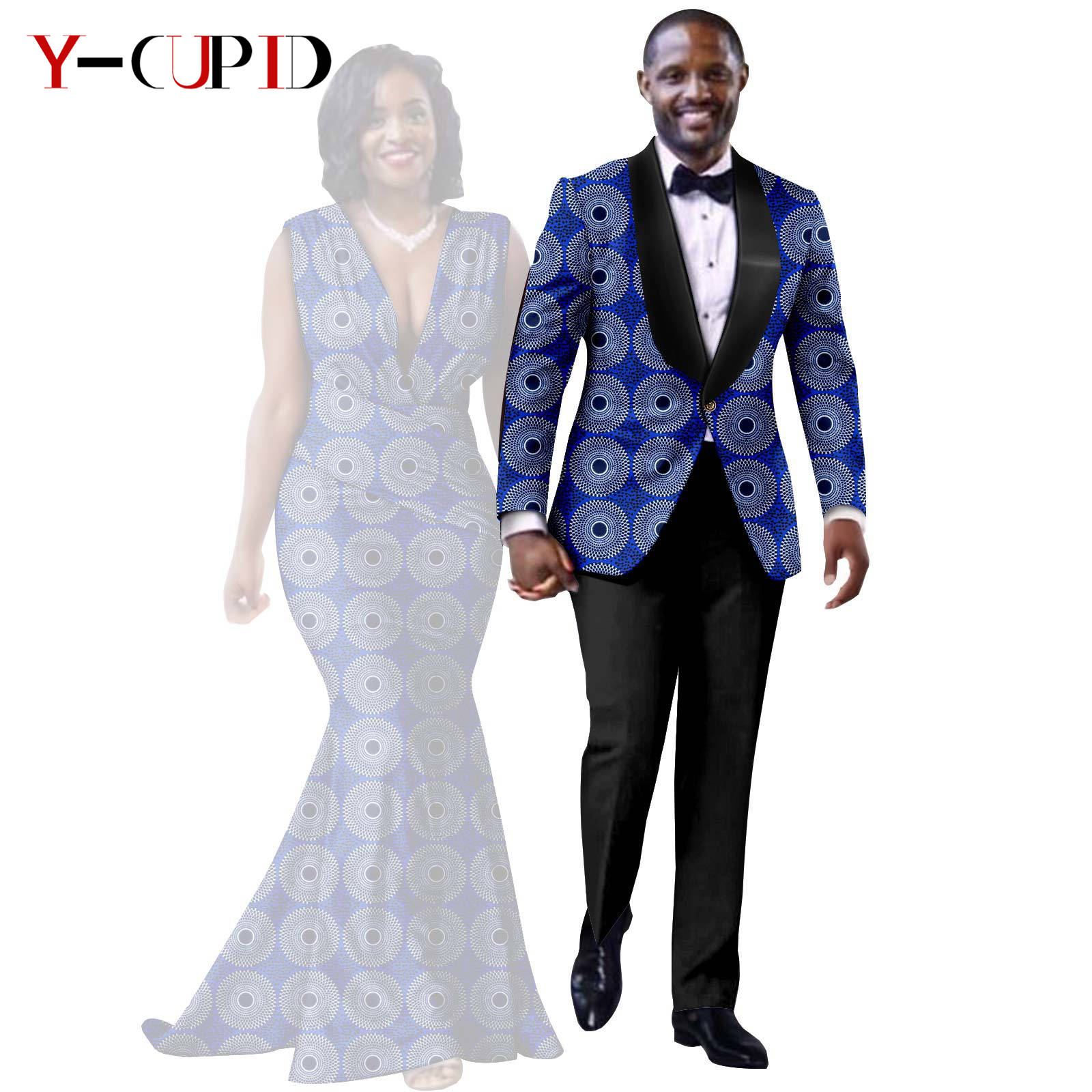 African Print Long Mermaid Dresses for Women Matching Couple Clothes Men Suits Top and Pant Sets Dashiki Party Wedding 25C005
