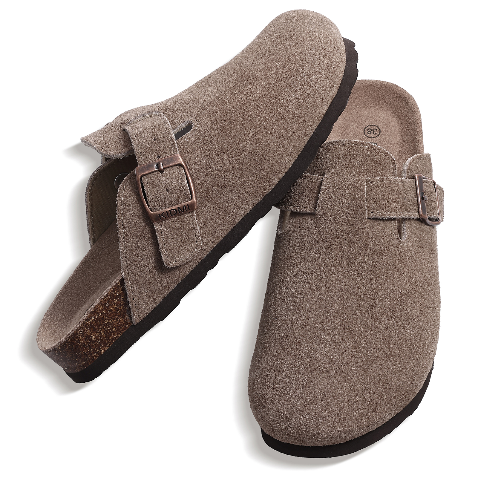 Kidmi New Genuine Suede Clogs for Women Men Clogs Soft Cork Footbed Mules Comfort Potato Shoes with Arch Support Beach Sandals
