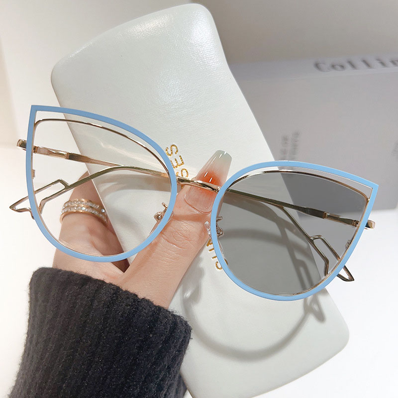 Metal Cat Eye Photochromic Glasses for Women Men Trendy Optical Spectacle Eyeglasses Unisex Color Changing Blue Light Glasses