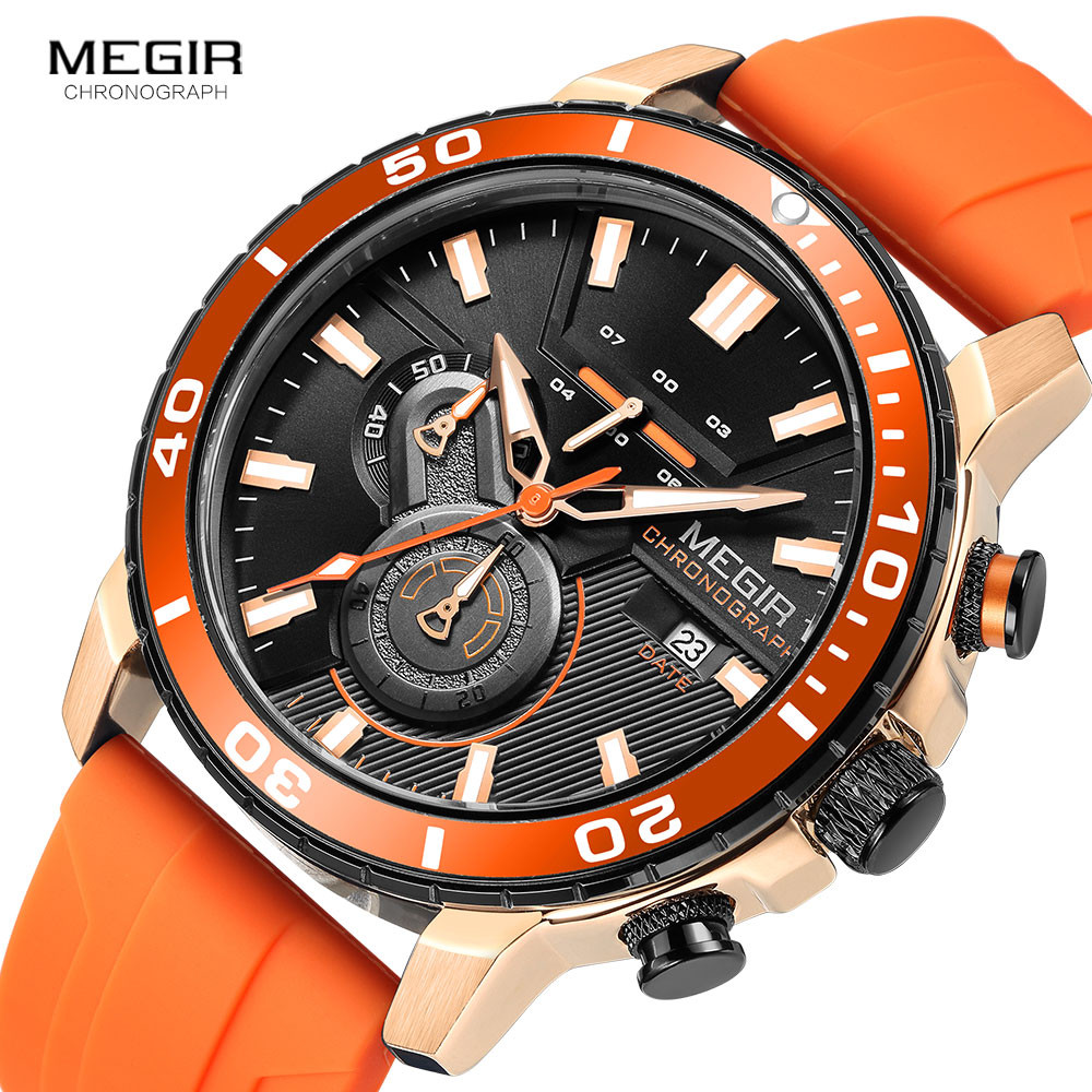 MEGIR Orange Sport Watch for Men Fashion Waterproof Silicone Strap Chronograph Quartz Wristwatch with Auto Date Luminous hands