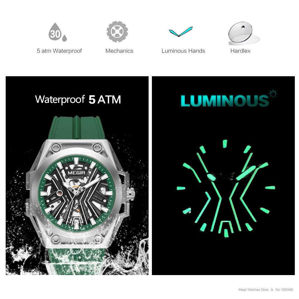 MEGIR Skeleton Dial Automatical Watch for Men Green Silicone Strap Waterproof Luminous Military Sport Mechanical Wristwatch