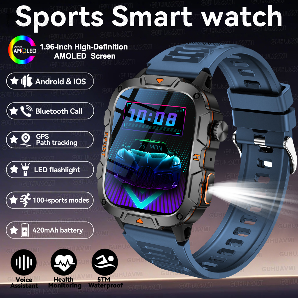 2025 For Xiaomi Outdoor Sports Smart Watch GPS trackr 5ATM Flashlight 1.96" HD Display Screen Bluetooth call Men Fitness Watches