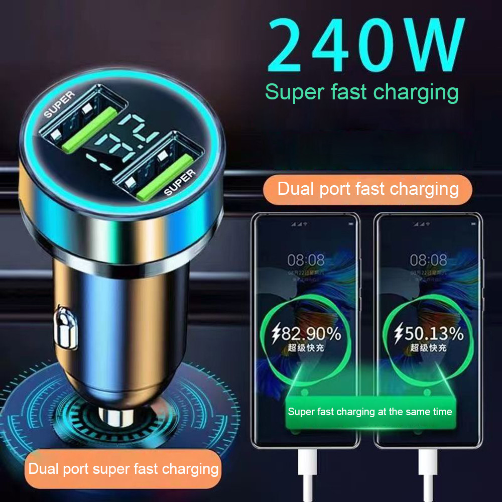 2 Port Car Charger 240W Quick Charging Adapter Digital Display Dual Super Fast Charge Converter For iPhone Huawei Samsung Xiaomi