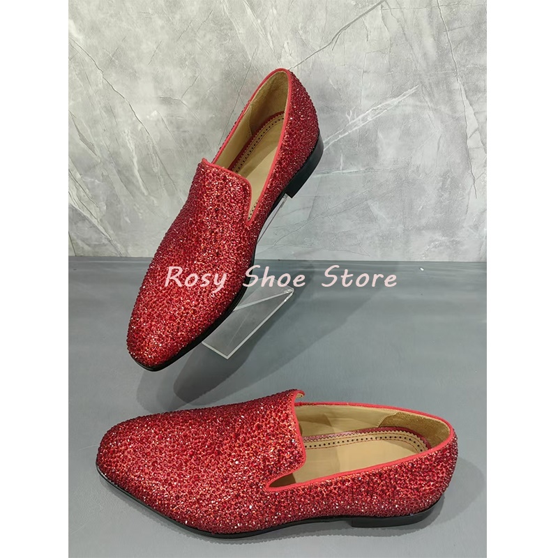 Men's Multicolor Luxury Handmade Diamond Loafers Pointed Toe Leather Rhinestones Slip On Fashion Flat Shoe Versatile Party Shoes