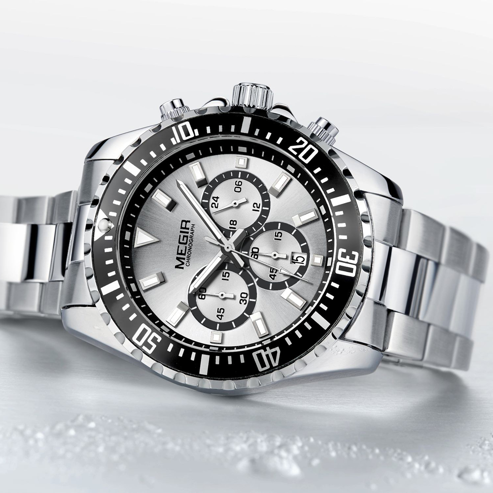 MEGIR Men's Stainless Steel Waterproof Luminous Wristwatch Chronograph Sport Quartz Analogue white Three-eyes Watches for Mens