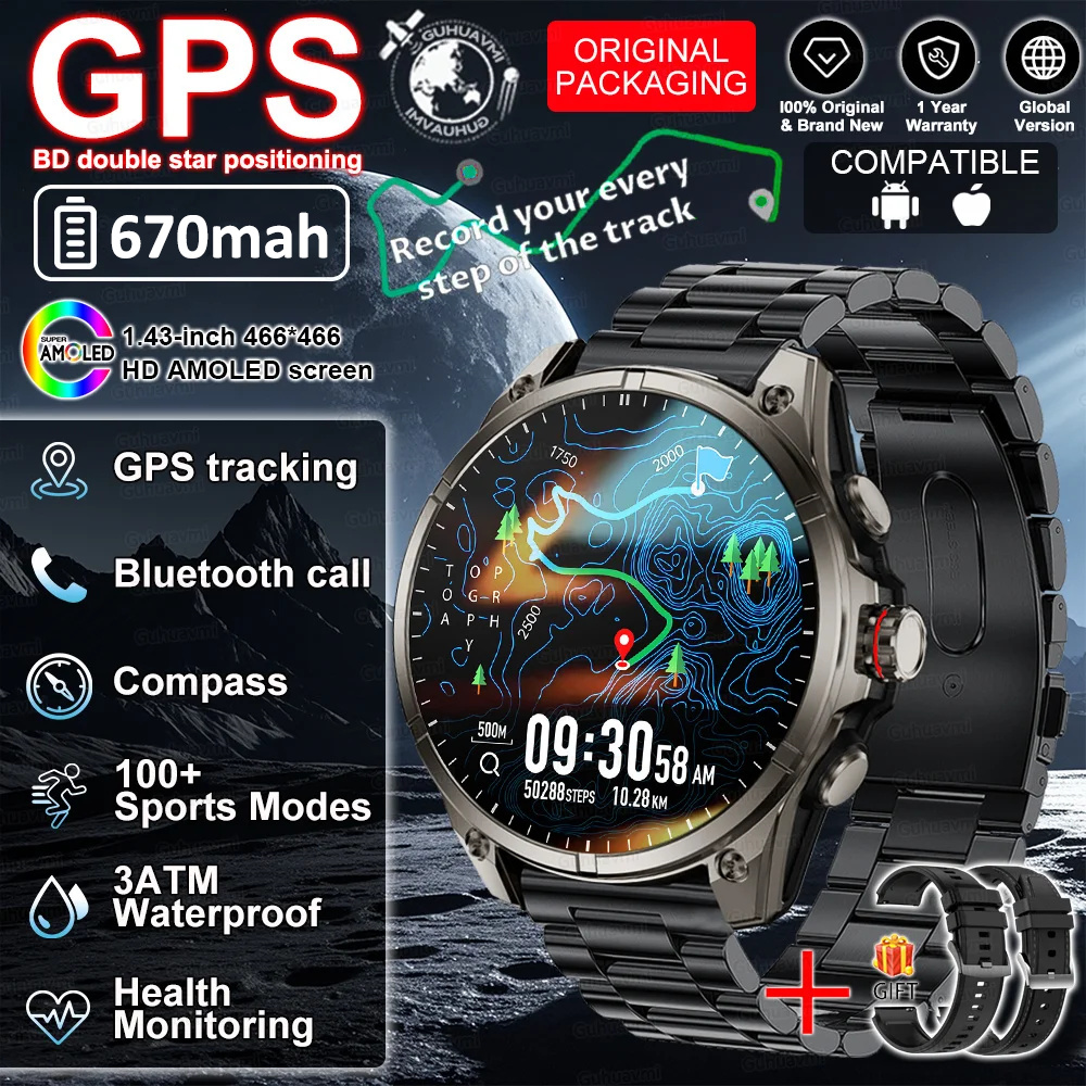 2026 GPS Smartwatch Outdoor Sports Waterproof Flashlight 1.43inch AMOLED Custom dial Call Compass Smart Watches For Android IOS