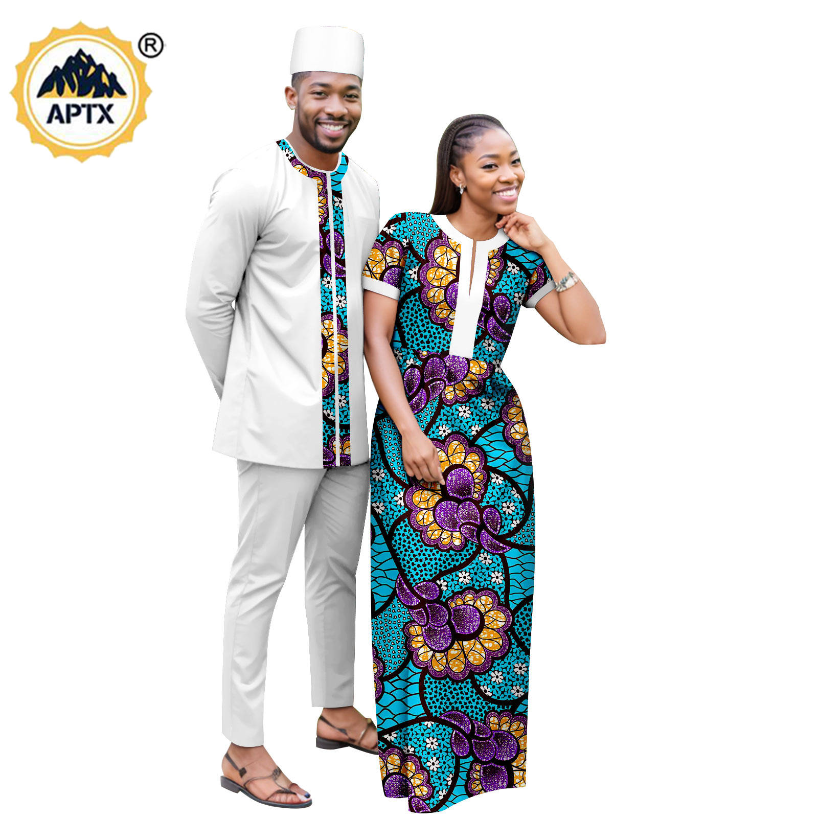 Dashiki African Clothes Print Long Dresses for Women Matching Couple Outfits Bazin Riche Men Hat Top Tee and Pant Sets Y23C119