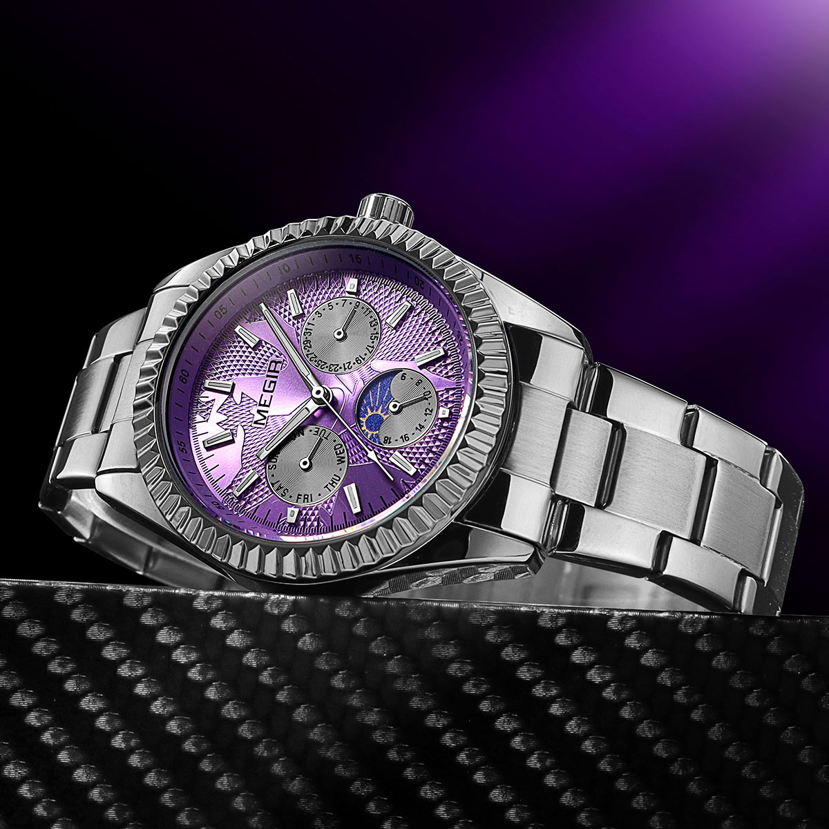 MEGIR Men's Quartz Watch with Stainless Steel Strap Fashion Business Style Wristwatch with Day Date 24-Hour Moon Phase Function