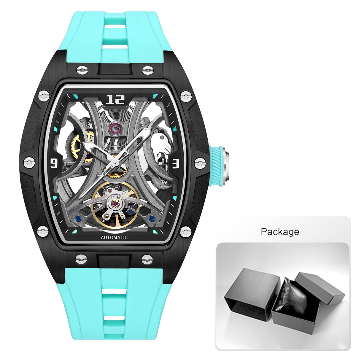 MEGIR Fashion Sports Mechanical Watch for Men Automatic Self-winding Wristwatch with Silicone Strap Transparent Tonneau Dial