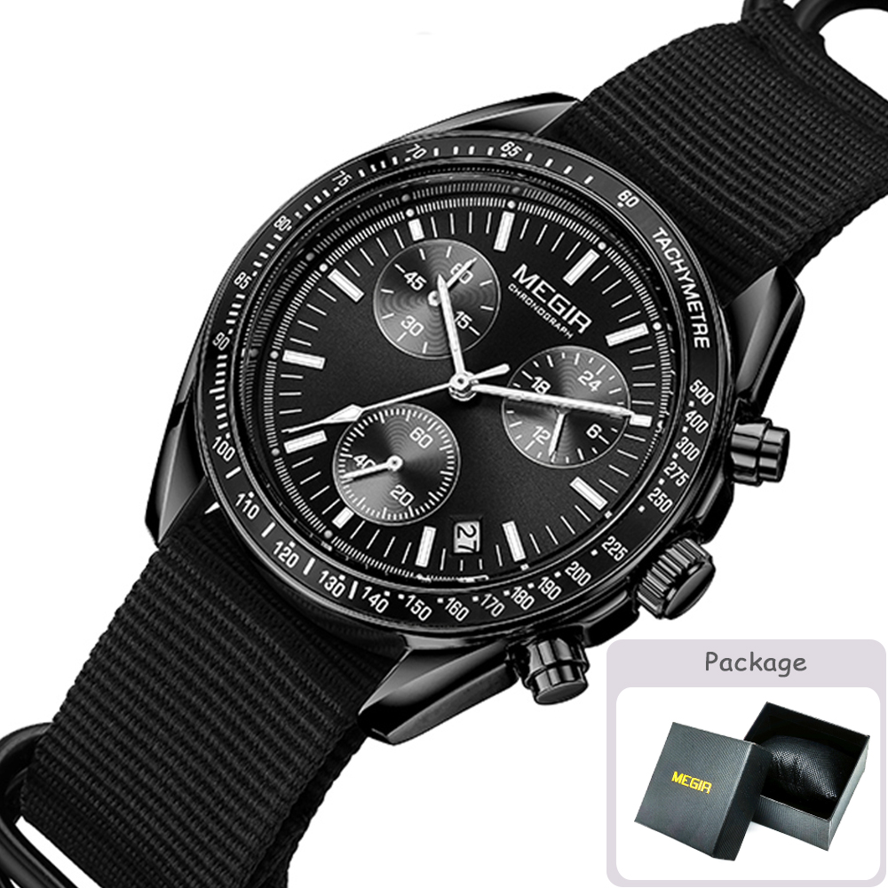 MEGIR New Luxury Men's Watches Canvas Weaving Strap Sport Automatic Chronograph Quartz Waterproof Wristwatch for Male 2247