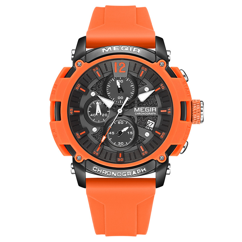 MEGIR 2208 Sport Factory Watches for Men Big Dieal Silicone Strap 3D Scale Waterproof Luminous Chronograph Quartz Wristwatch