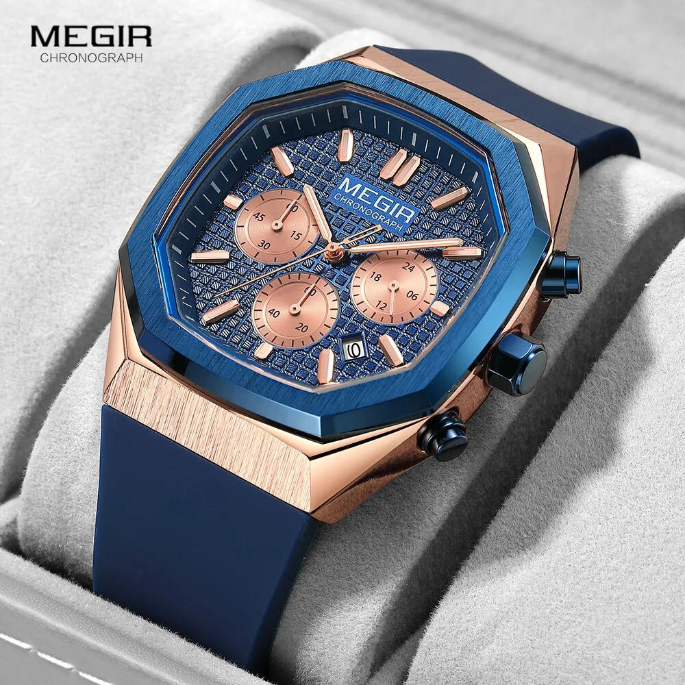 MEGIR Blue Silicone Strap Quartz Watch Men Fashion Military Sport Chronograph Wristwatch with Date Luminous Hands Octagon Dial