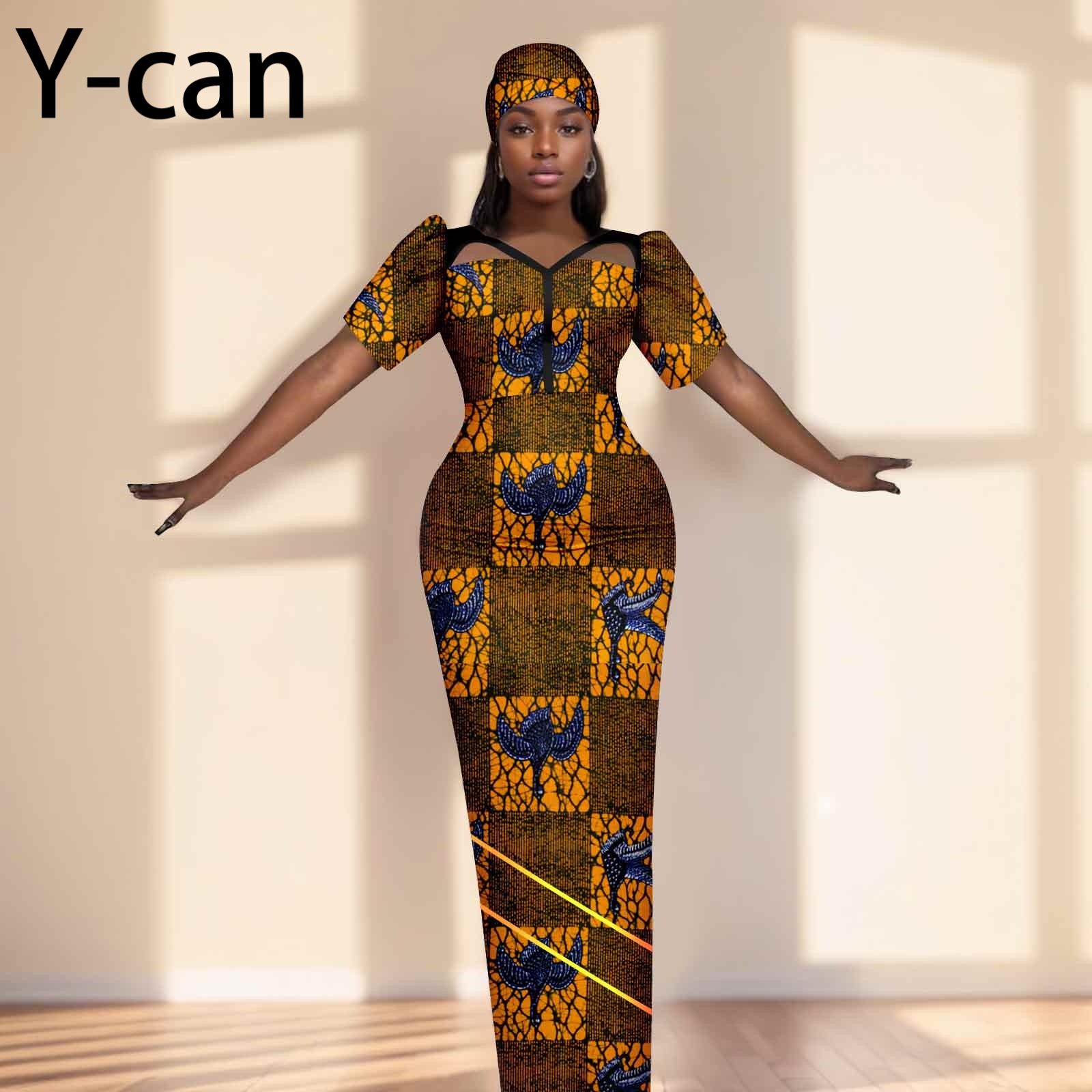 Party Gown African Dresses for Women Slim Fit Short Sleeve Dress Evening Vestidos with Headwrap Dashiki Ankara Print 2525071