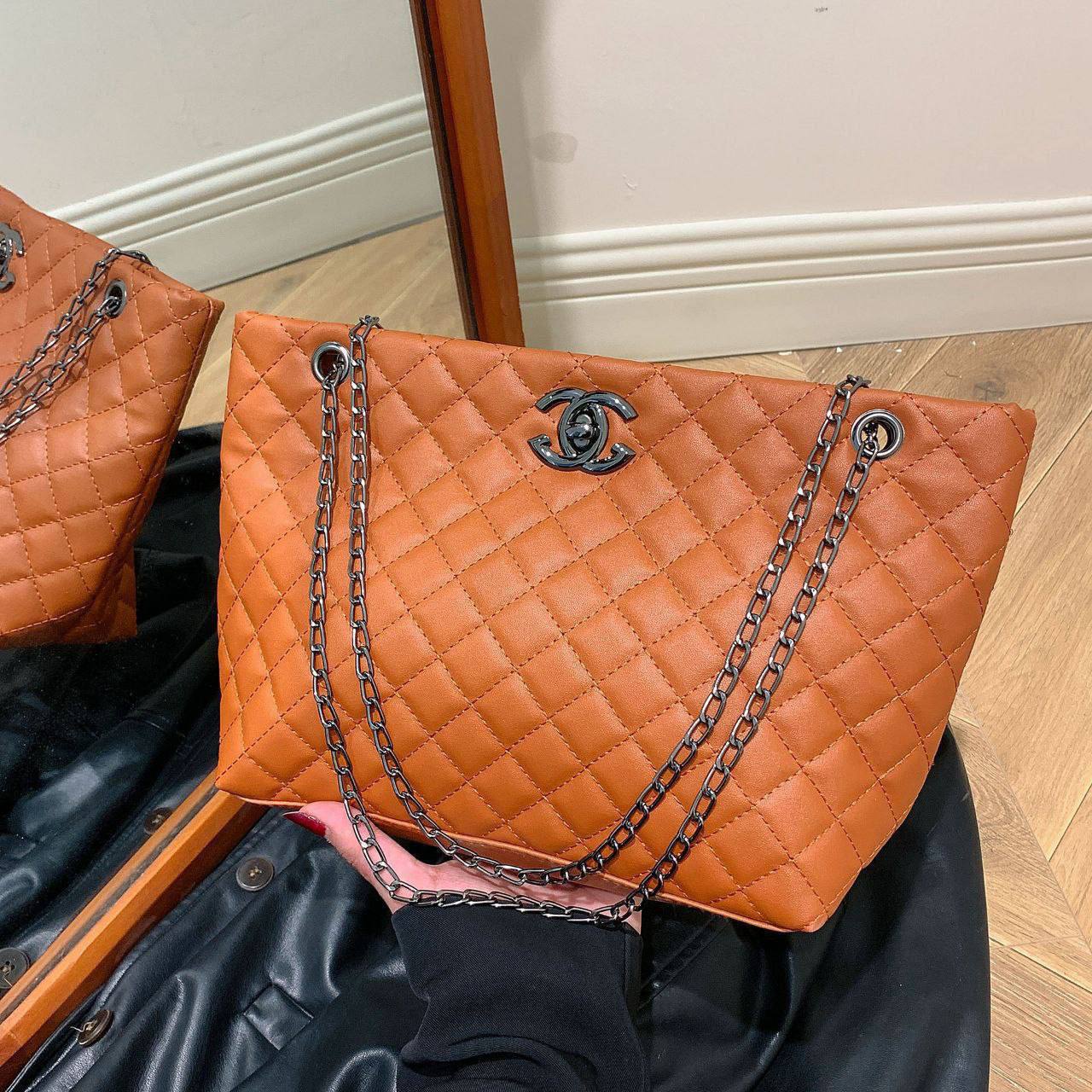 Chanel-Style Quilted Tote Bag in Tan with Silver-Tone Chain