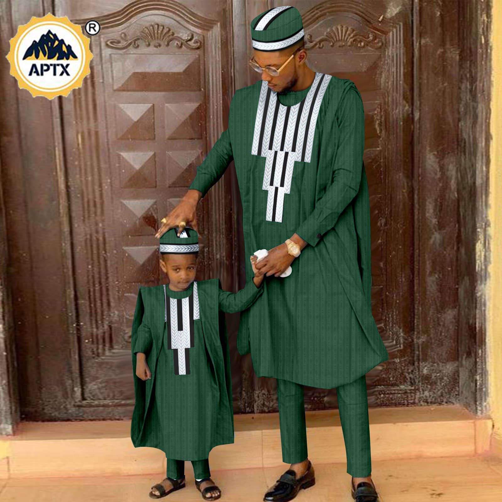 African Matching Outfit for Family Bazin Riche Muslim Sets Dashiki Father and Son Attire Agbada Robe Shirt and Pants Hat Y23F001