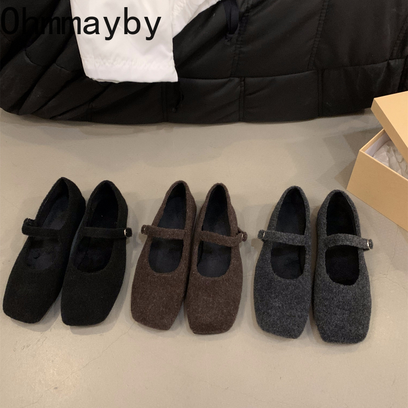 Autumn Woolen Fur Women Cotton Flats Shoes Concise Outdoor Soft Sole Shoes Ladies Comfort Square Toe Warm Mary Jane Shoes