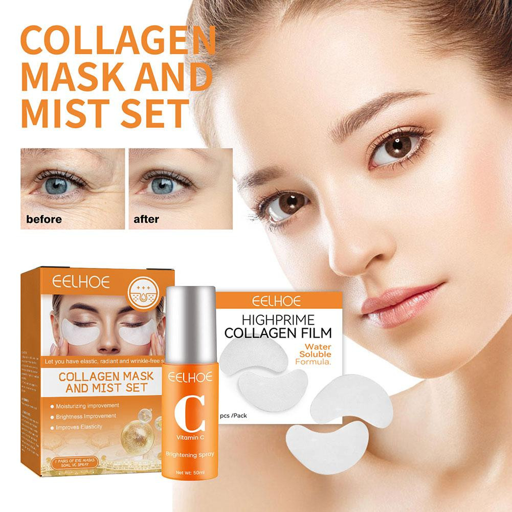 Collagen Anti Wrinkle Face Mask Spray Kit Vitamin C Whitening Brighten Fade Dark Spot Mist Anti Aging Eyes Mask Firm Skin Care