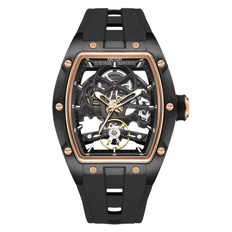 MEGIR Automatic Wristwatch Men Fashion Black Silicone Strap Wateproof Luminous Sport Mechanical Watch with Tonneau Dial 2242