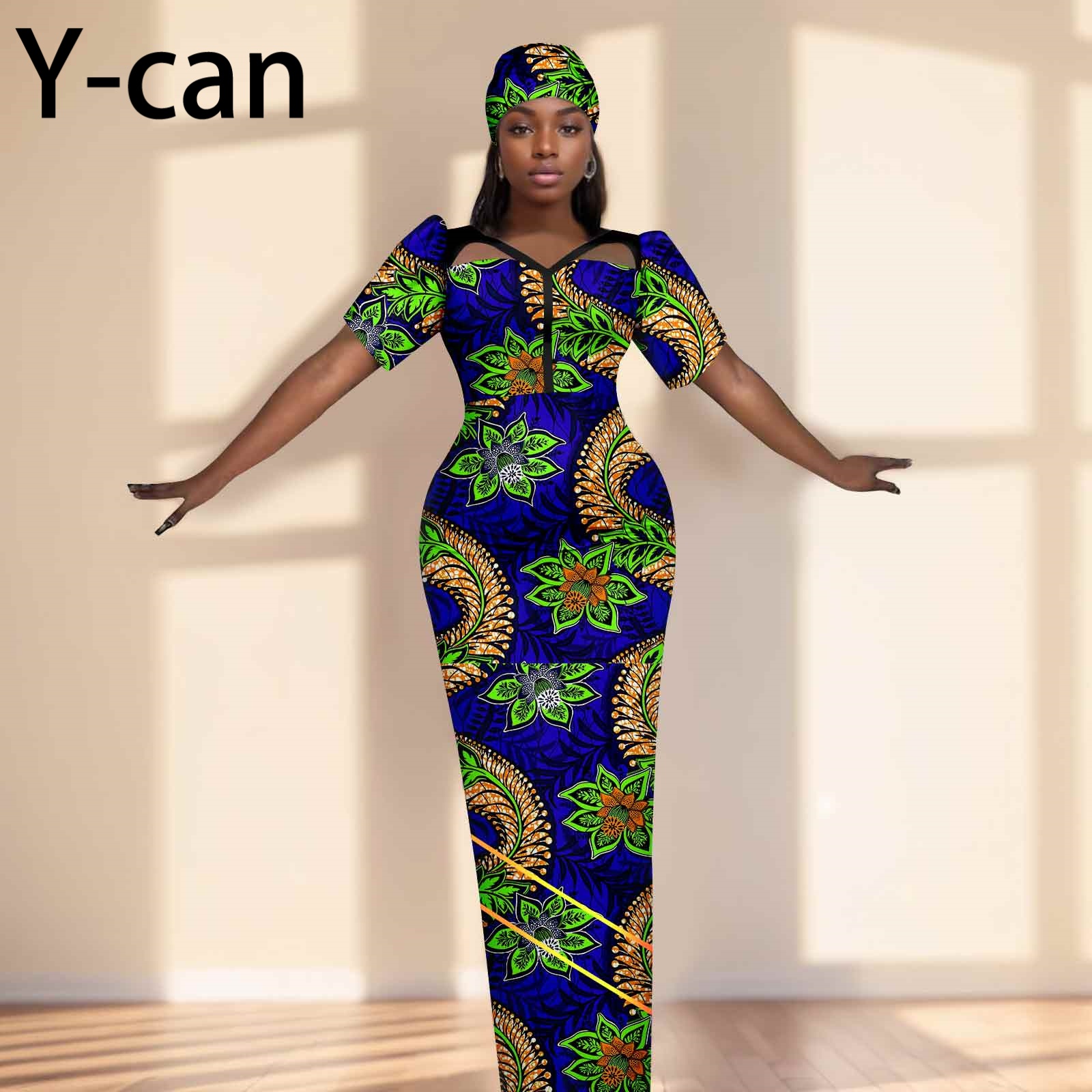 Party Gown African Dresses for Women Slim Fit Short Sleeve Dress Evening Vestidos with Headwrap Dashiki Ankara Print 2525071