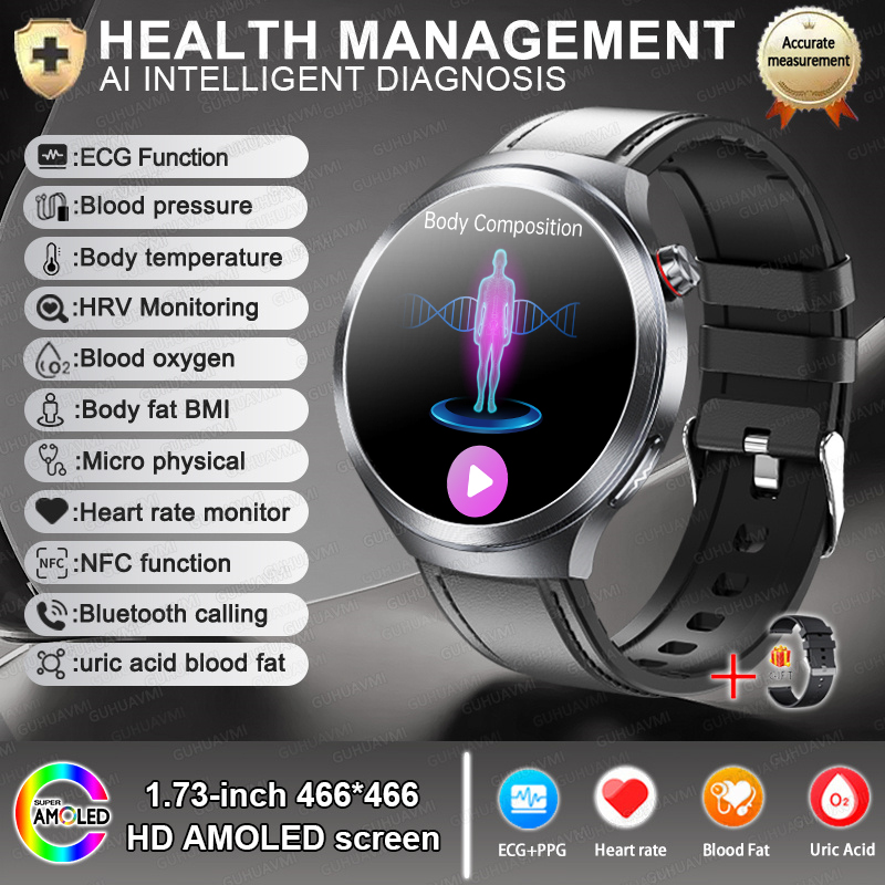 2025 New Health detection ECG+PPG Uric Acid Blood Oxygen Body Analysis Smart Watch Clock Bluetooth BT Call Smart Watch Men